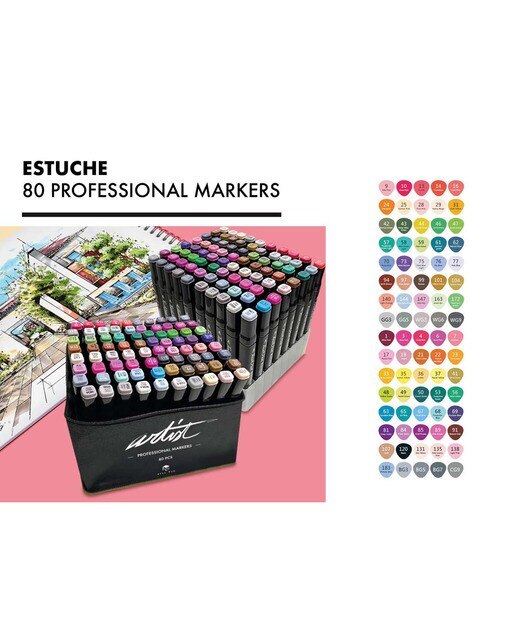 Bolsa canvas 80 rotuladores Professional Markers doble punta, biselada y fina, tintas base alcohol ARTIST by Alex Bog multicolor Multicolor-3