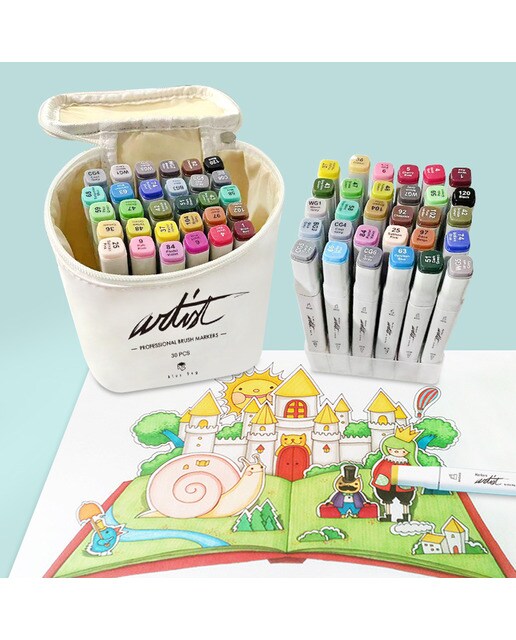 Bolsa canvas 30 rotuladores Professional Brush Markers doble  punta, pincel extra suave y biselada, tintas base alcohol ARTIST by Alex Bog multicol 6