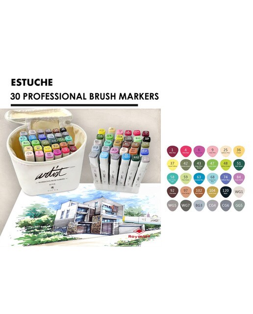 Bolsa canvas 30 rotuladores Professional Brush Markers doble  punta, pincel extra suave y biselada, tintas base alcohol ARTIST by Alex Bog multicol 7