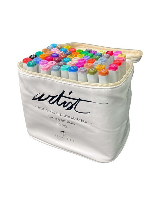 Imagen 0 de Bolsa canvas 60 rotuladores Professional Brush Markers doble  punta, pincel extra suave y biselada, tintas base alcohol ARTIST by Alex Bog multicol