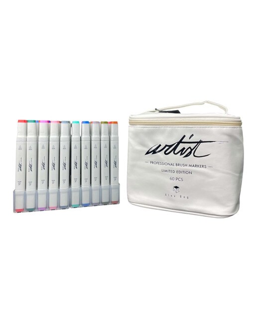 Bolsa canvas 60 rotuladores Professional Brush Markers doble  punta, pincel extra suave y biselada, tintas base alcohol ARTIST by Alex Bog multicol 3