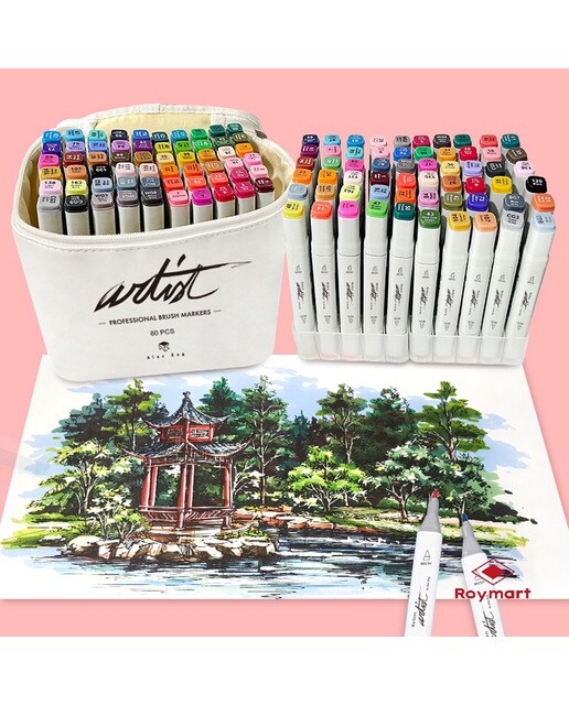 Bolsa canvas 60 rotuladores Professional Brush Markers doble  punta, pincel extra suave y biselada, tintas base alcohol ARTIST by Alex Bog multicol 8