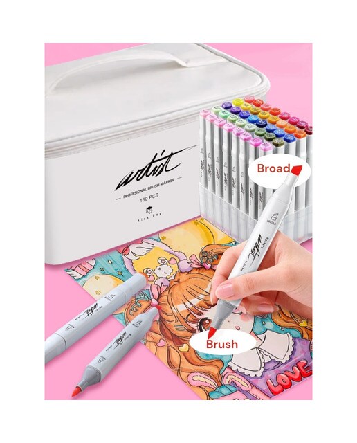 Bolsa canvas 160 rotuladores Professional Brush Markers doble punta, pincel extra suave y biselada, tintas base alcohol ARTIST by Alex Bog multicol 3