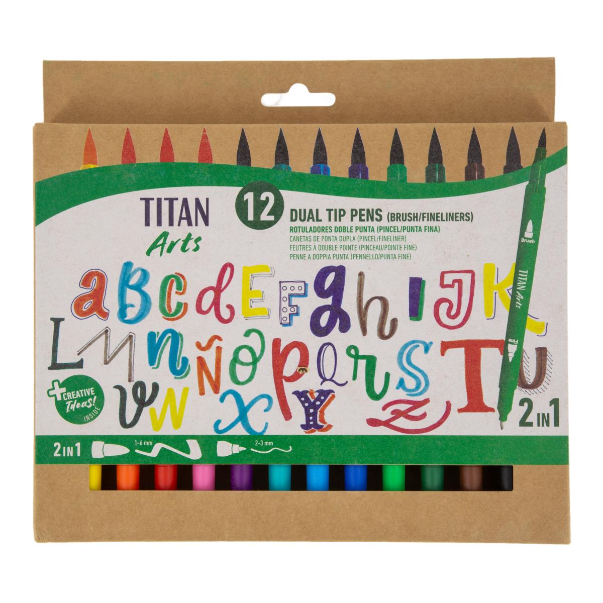 Imagen 0 de Set de 12 rotuladores doble punta, pincel y punta fina Titán Arts multicolor