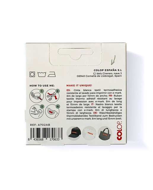 Cinta textil tafetan termo-adhesiva 8mx15mm e-mark Colop Blanco-2