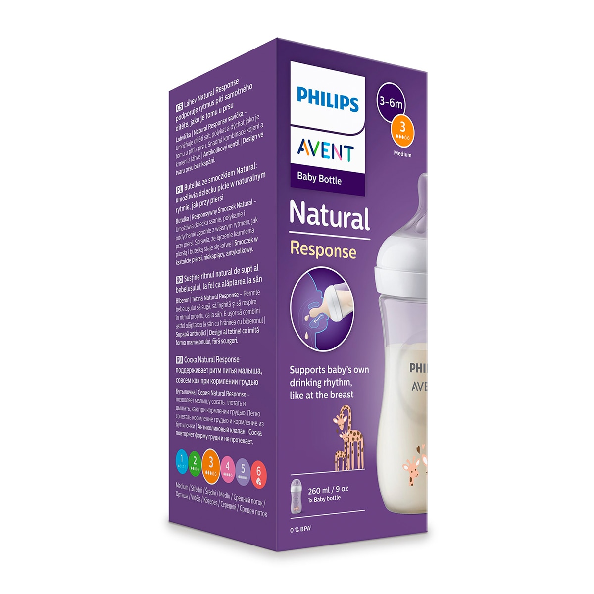 Biberón 260ml Philips Avent Natural Response, Tetina flujo 3 medio, diseño jirafa - Azul Amarillo-9