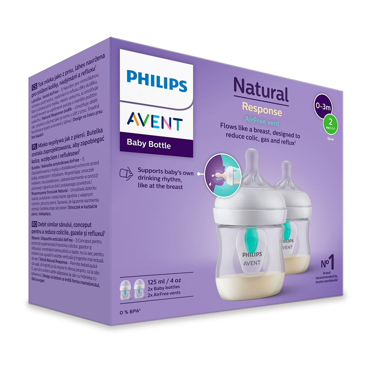 Pack doble Biberones 125ml Philips Avent Natural Response con sistema Airfree, Tetina flujo 2 lento Blanco Blanco-9