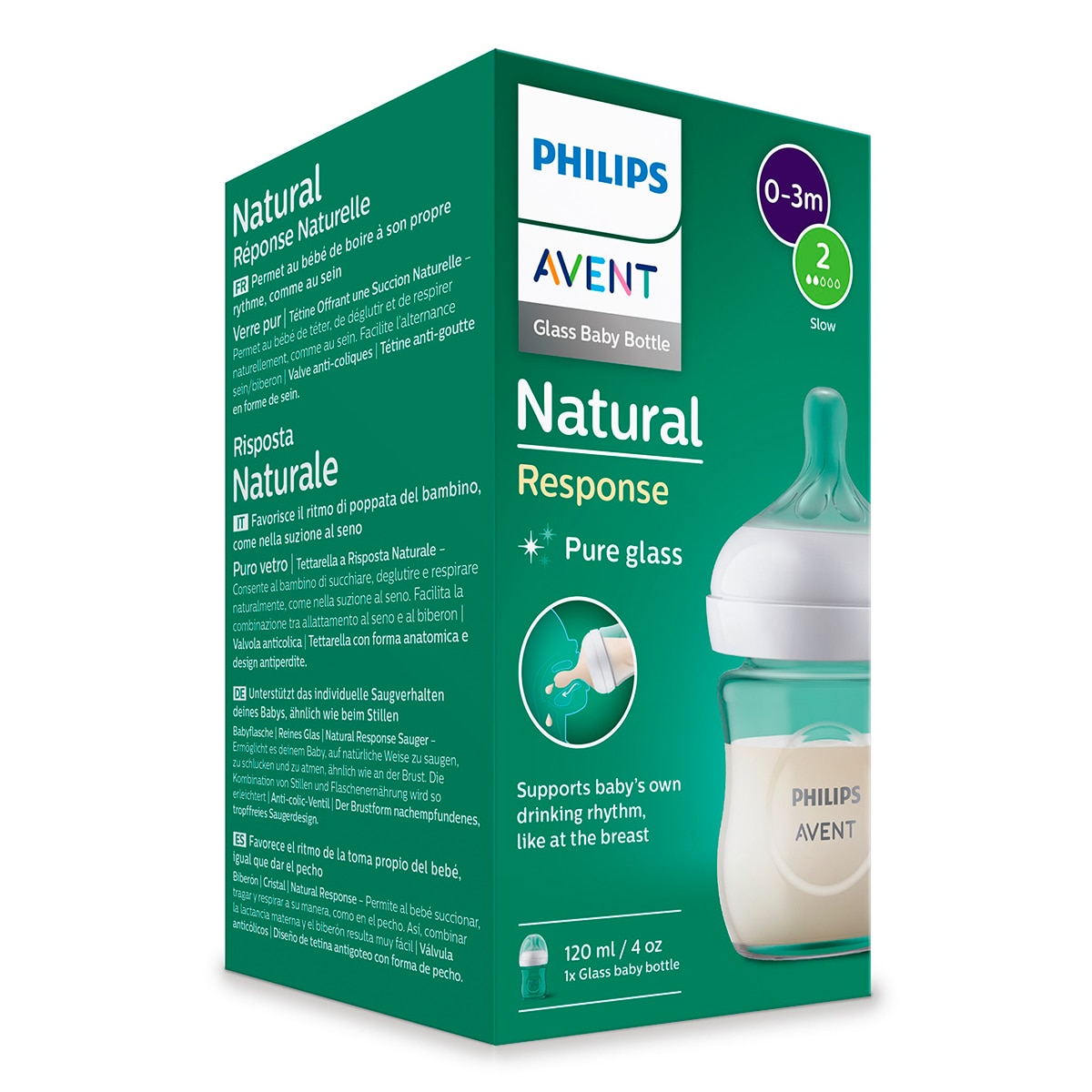Biberão de Vidro 120 ml Response, Tetina de Fluxo 2 Lento Branco-5