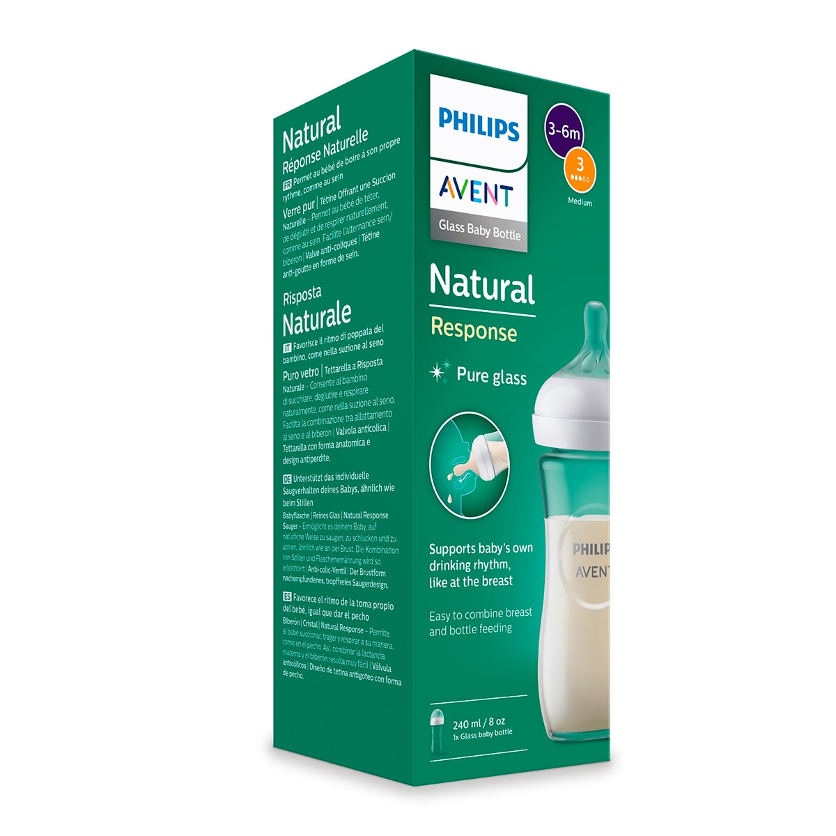Biberónde cristal 240ml Philips Natural Response, Tetina flujo 3 medio - Blanco Blanco-5