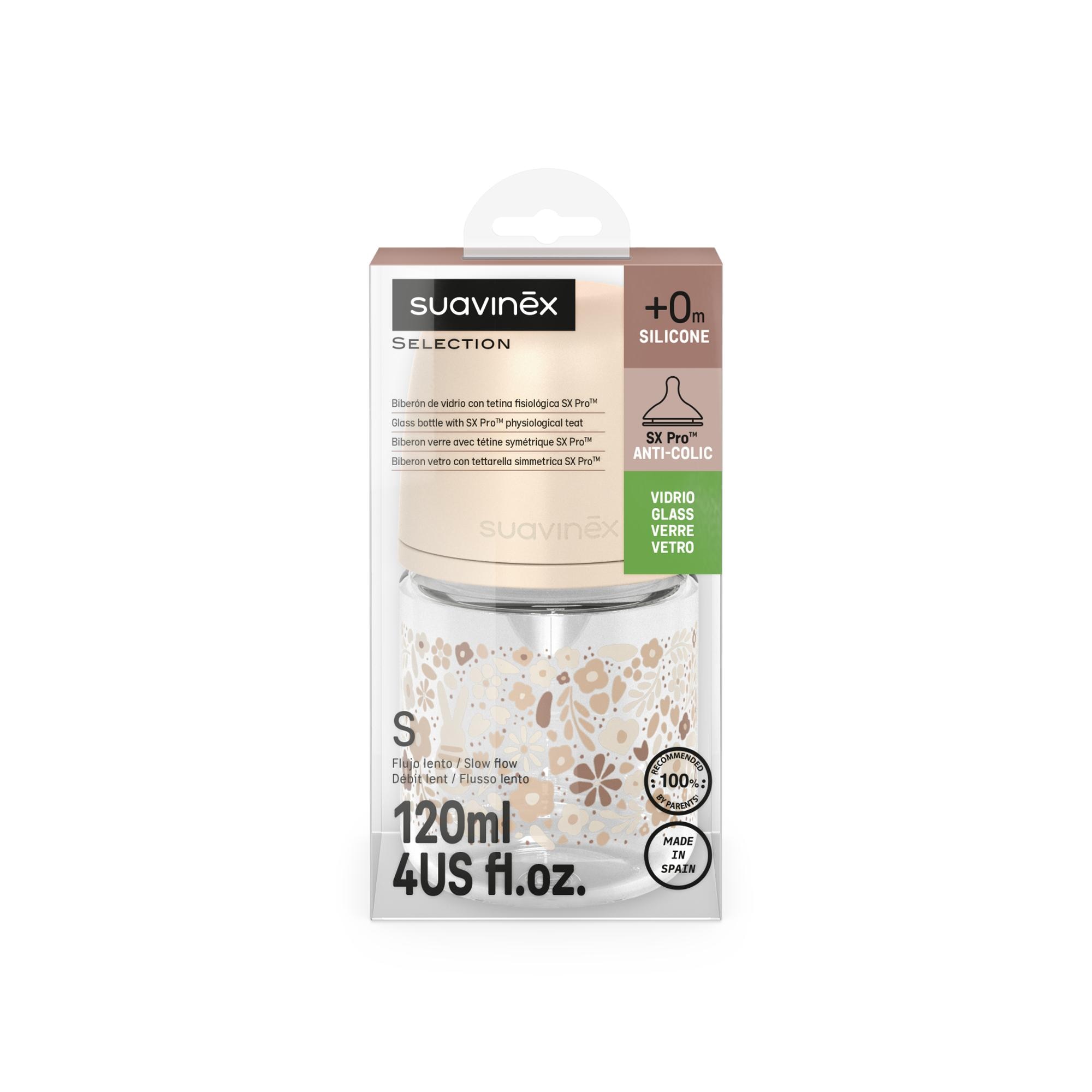Biberão de vidro com tetina fisiológica SX Pro Suavinex Wonderland 2.0 Fluxo lento 120 ml Bege Serra-3