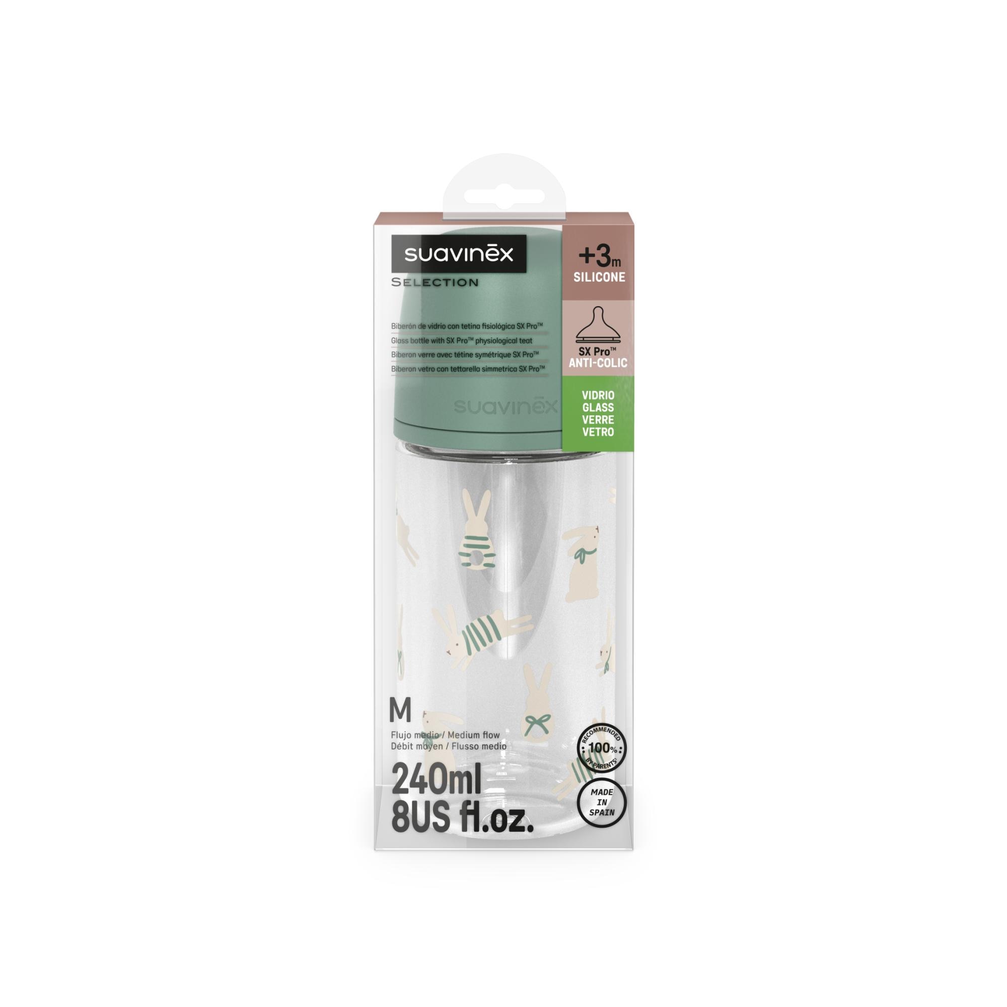 Biberón vidrio con tetina Fisiológica SX Pro Suavinex Wonderland 2.0 Flujo Lento 240ml - Verde anticuario Verde anticuario-3