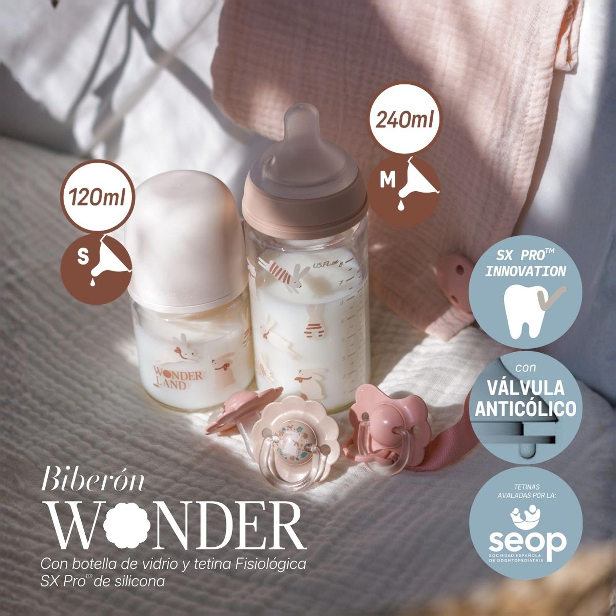 Biberão de vidro com tetina fisiológica SX Pro Suavinex Wonderland 2.0 Fluxo lento 240 ml Bege Serra-4