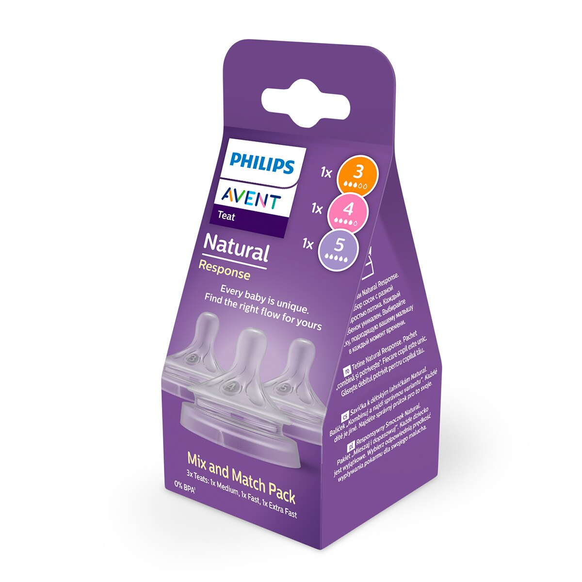 Pack 3 Tetinas distintos flujos Philips Avent Natural Response, Flujo 3 medio, 4 rápido y 5 muy rápido Blanco Blanco-3