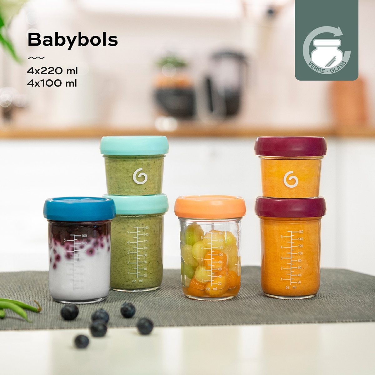 Babymoov Lote de botes de conservación de cristal Babybols 4 x 100 ml + 4 x 220 ml - Multicolor Multicolor-2