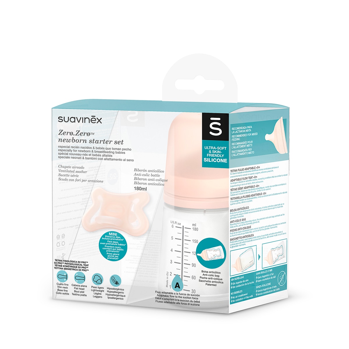 Set primeros comienzos Suavinex gama ZERO Biberón, tetina recambio y bolsa anticólicos - Natural Natural-11