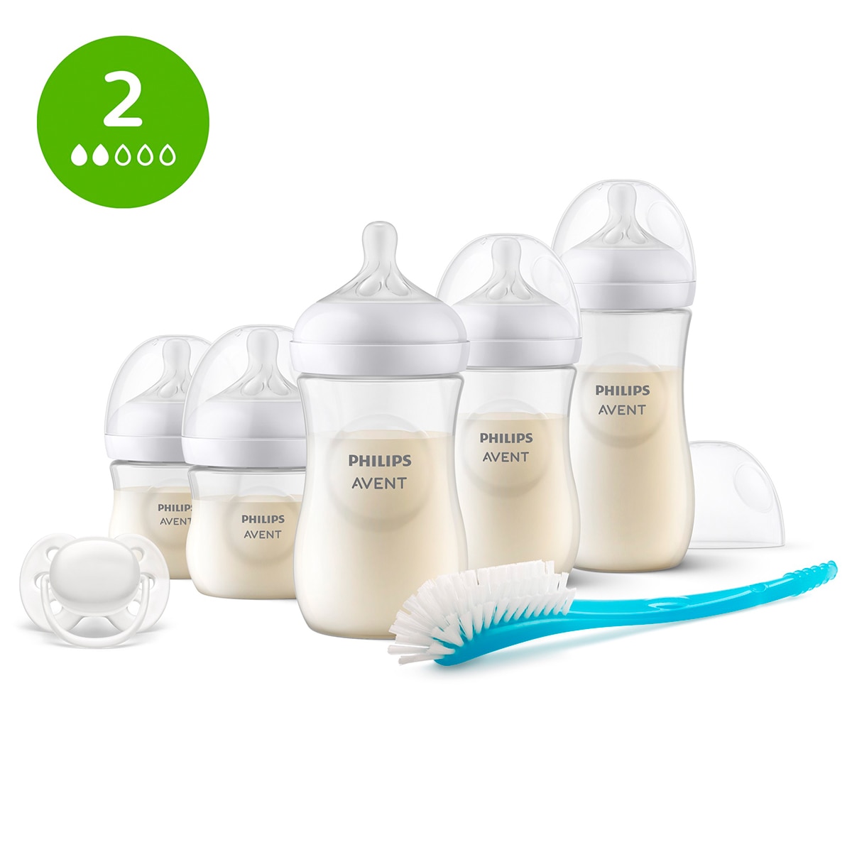 Philips Avent - Pack regalo Philips Avent Natural Response, 5 biberones 125 - 330ml + chupete ultrasoft + cepilllo de limpieza, Tetina flujo 2 lento.
