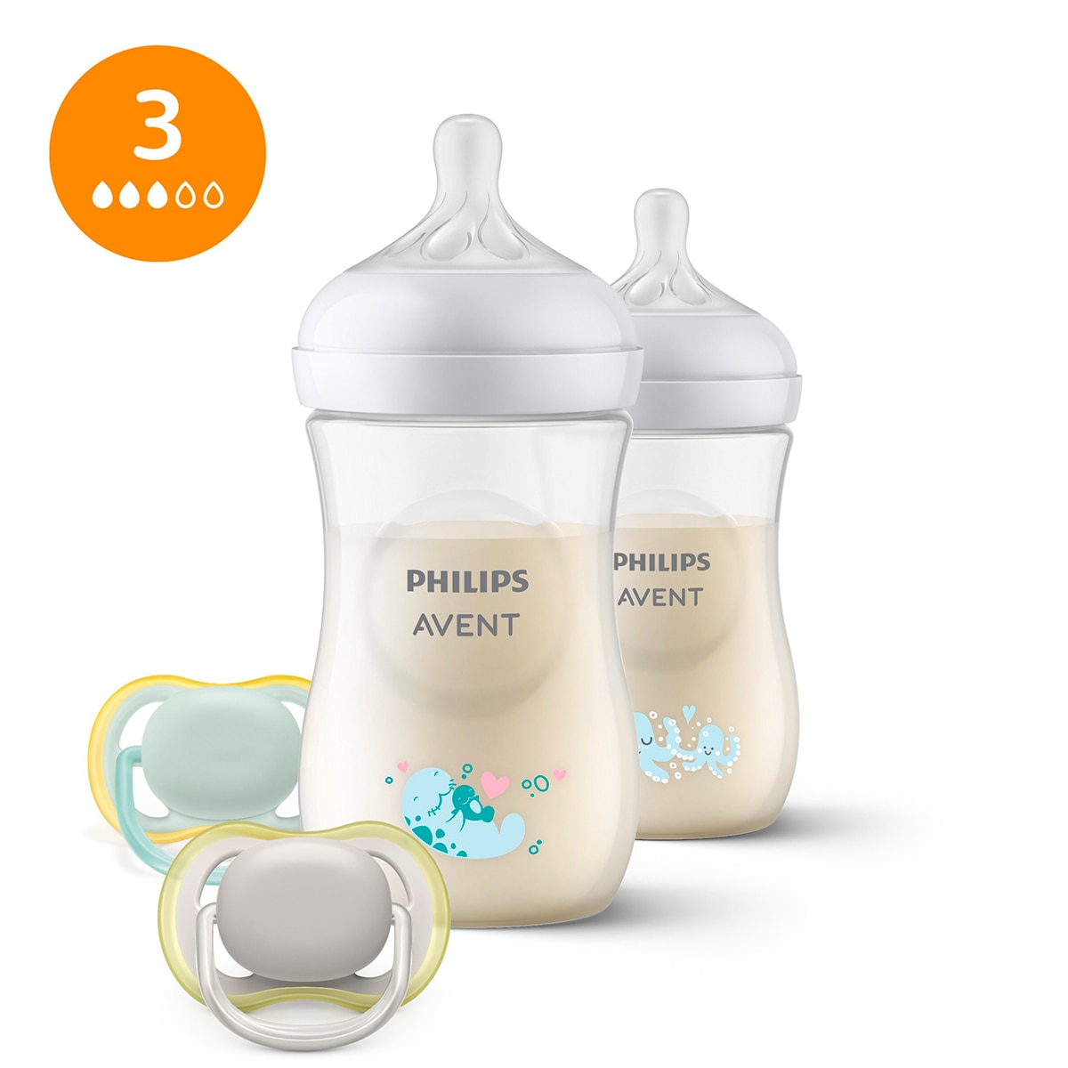Philips Avent - Pack regalo Philips Avent Natural Response, 2 biberones 260ml, Tetinas flujo 3 medio y 2 chupetes ultra air,.