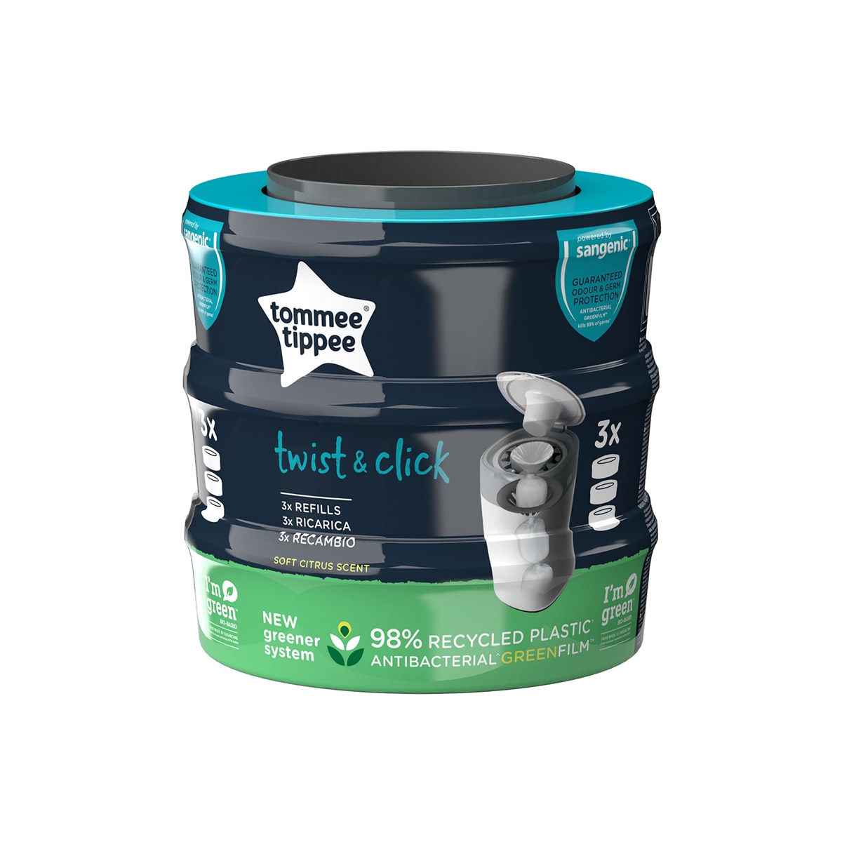 Tommee Tippee - Pack de 3 Unidades de Recambios Tommee Tippee Sangenic Twist & Click para Contenedor de Pañales gris.