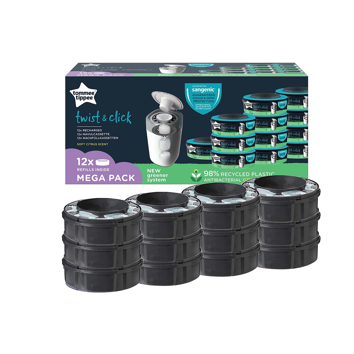 Tommee Tippee - Pack de 12 Unidades de Recambios Tommee Tippee Sangenic Twist & Click para Contenedor de Pañales gris.