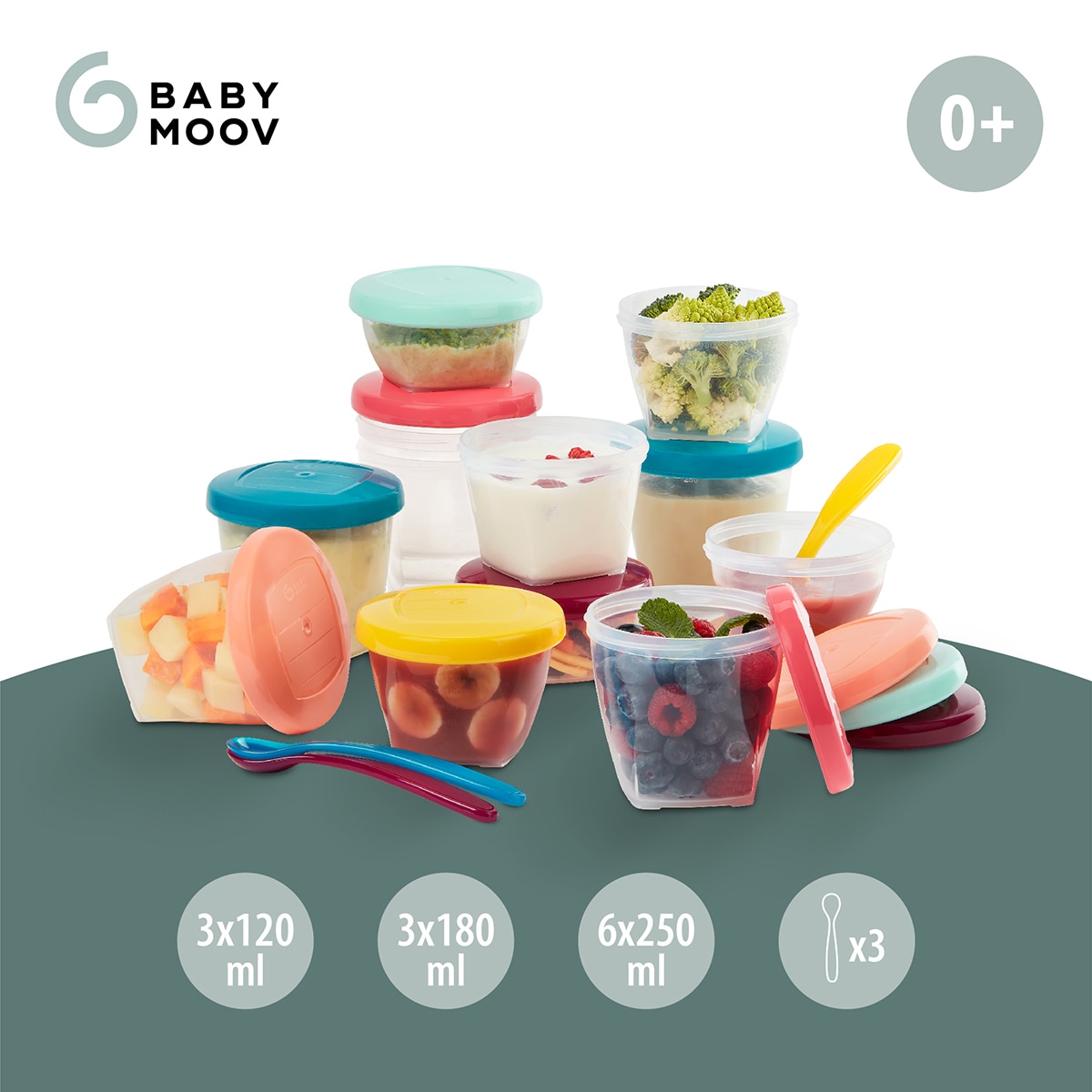 Lote de Frascos de Conservação Babybols Multiset - 3x120 ml + 3x180 ml + 6x250 ml + 3 Colheres Flexíveis Transparente / Multicolorido-3