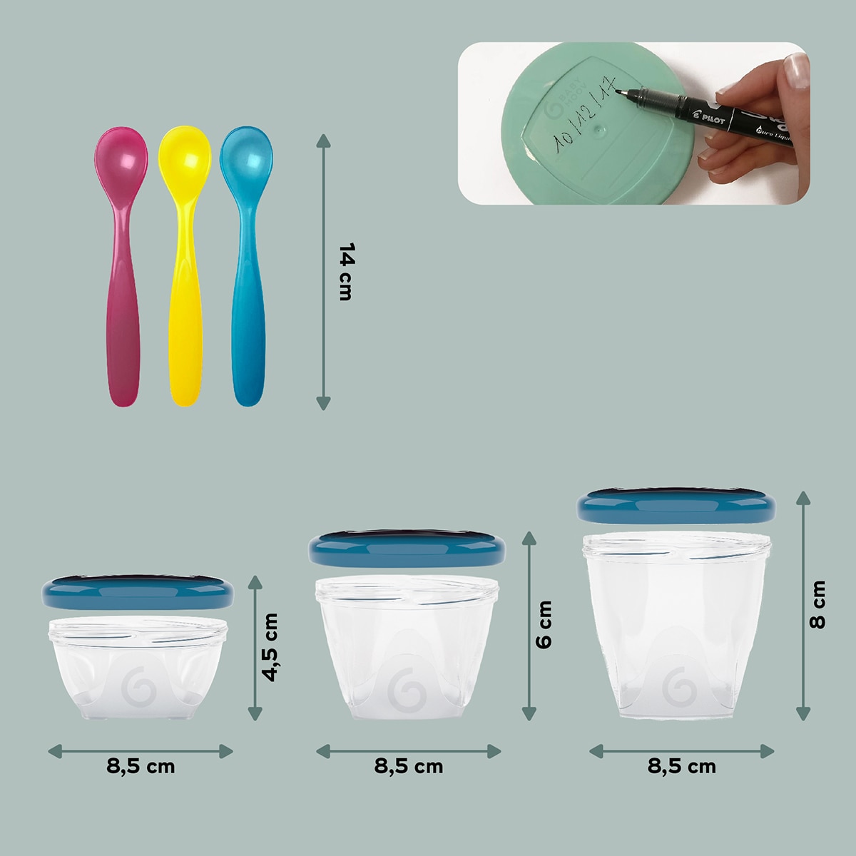 Lote de Frascos de Conservação Babybols Multiset - 3x120 ml + 3x180 ml + 6x250 ml + 3 Colheres Flexíveis Transparente / Multicolorido-5