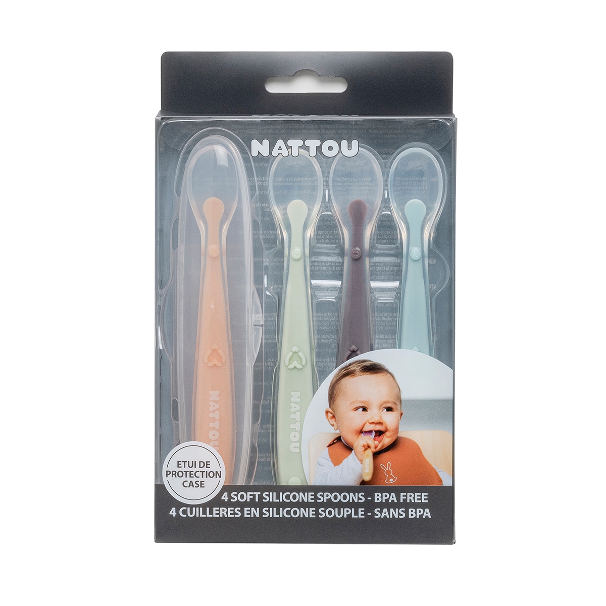 Juego de 4 Cucharas Nattou de silicona con caja de transporte azul/verde/naranja/gris - Multicolor Multicolor-5