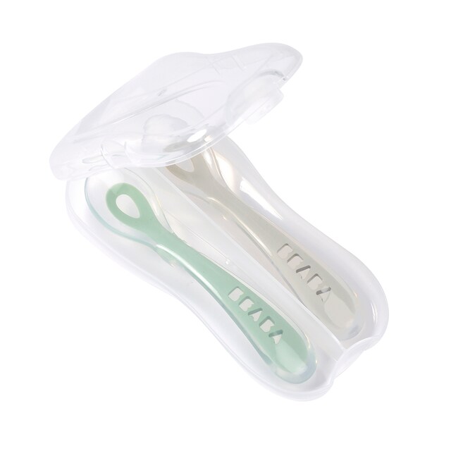 Juego 2 cucharas silicona 2ª edad con estuche Beaba gris/verde