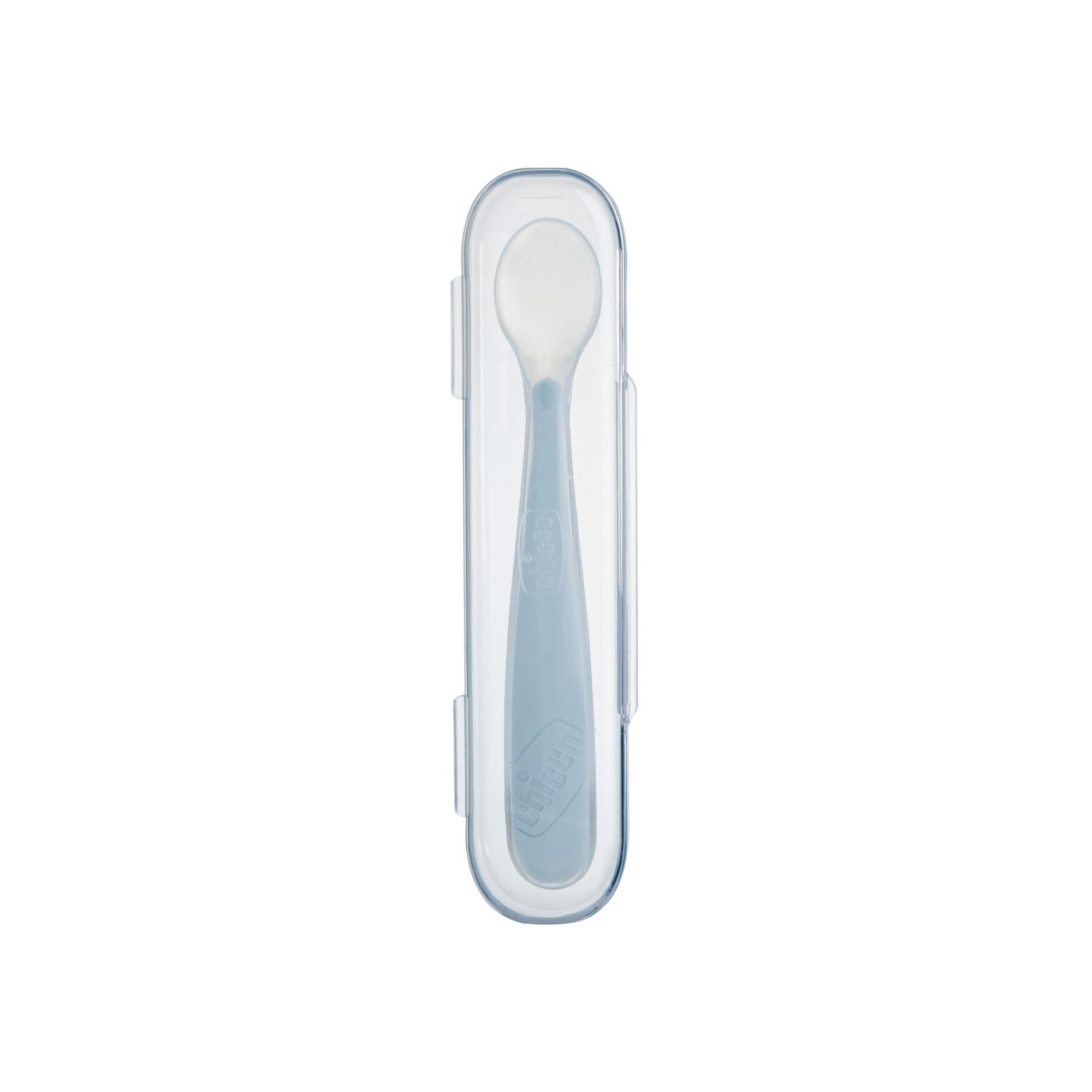 Cuchara silicona Chicco con estuche, 6 meses Gris Gris-1