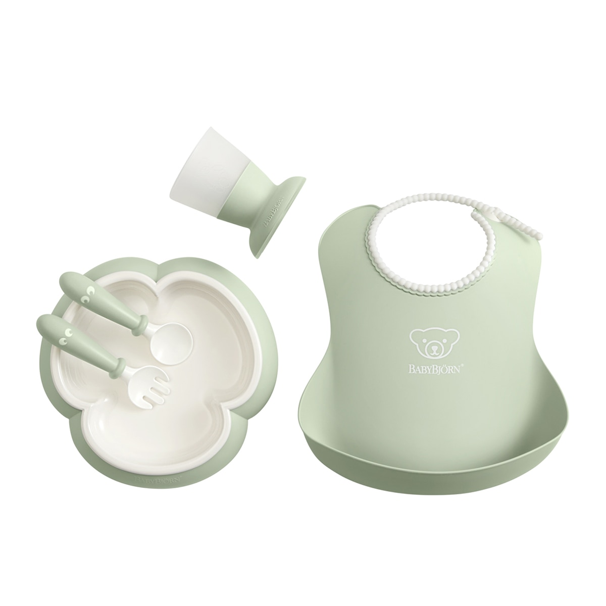Conjunto de 5 Peças com Babete, Talheres, Prato e Copo Verde Água-1