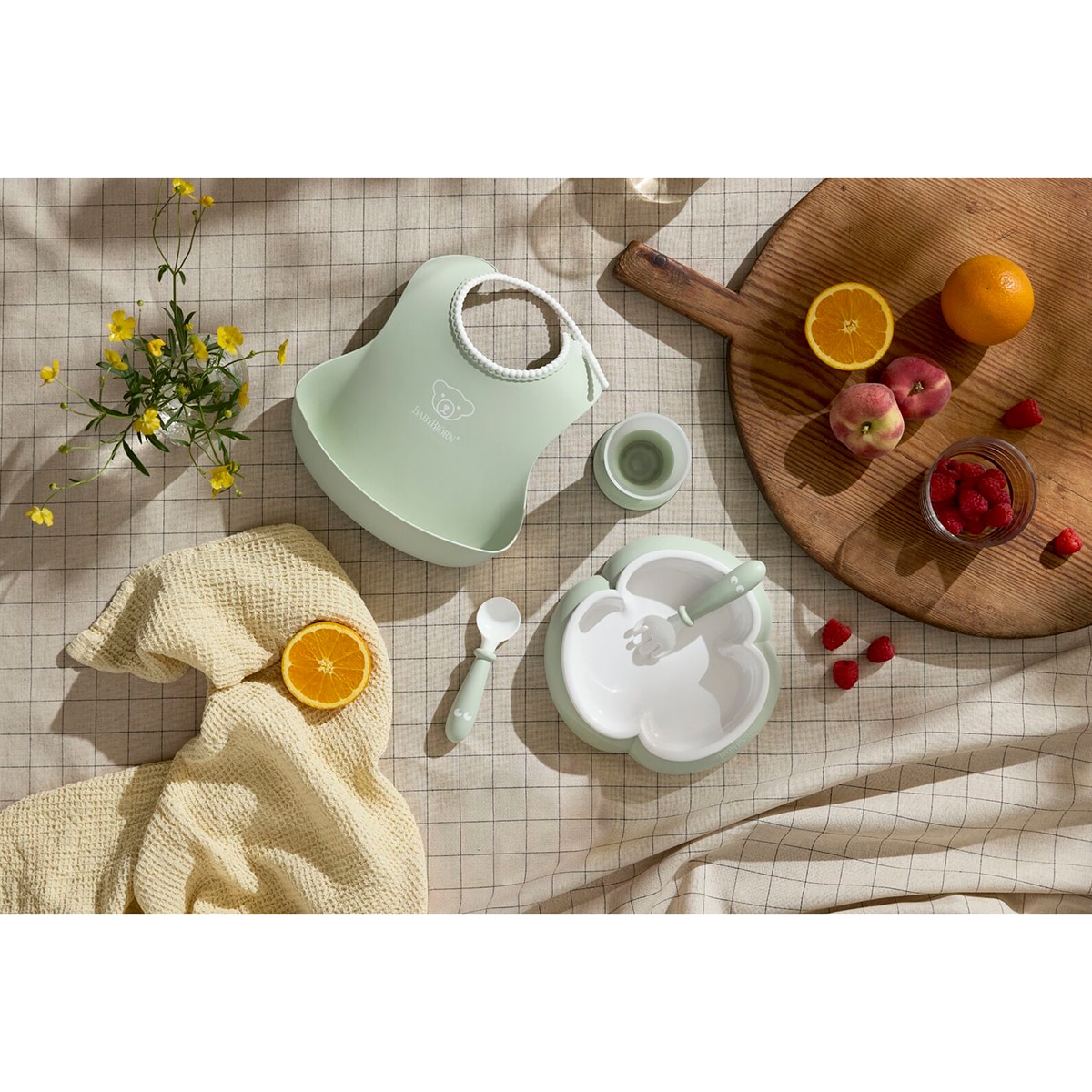 Conjunto de 5 Peças com Babete, Talheres, Prato e Copo Verde Água-6