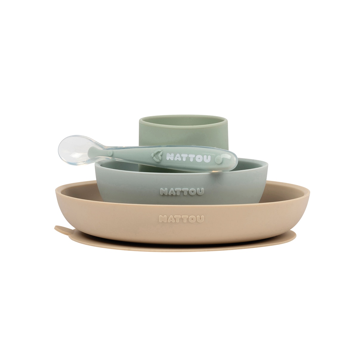 Vajilla 4 piezas Nattou silicona con cuchara - Verde anticuario Verde anticuario-2