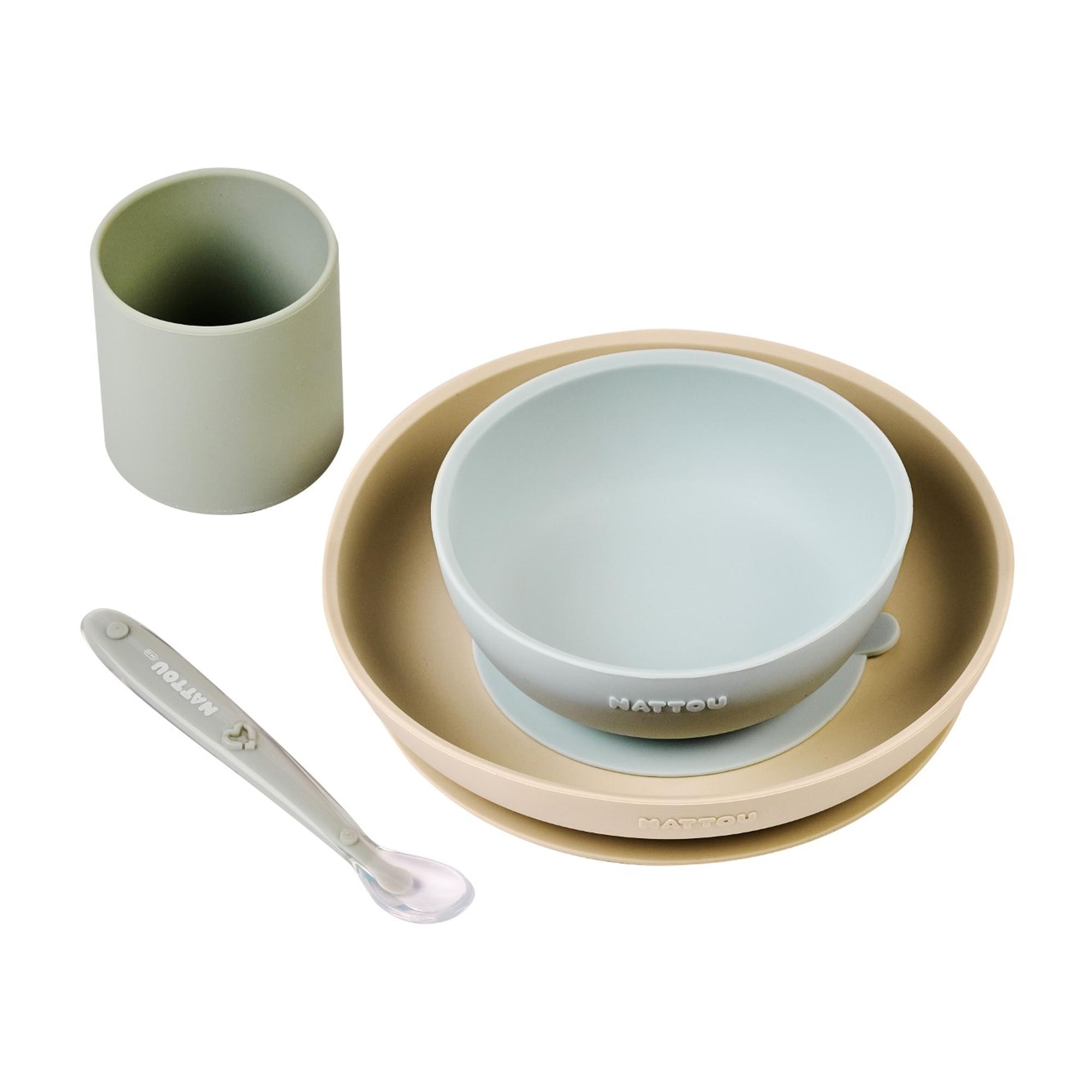 Vajilla 4 piezas Nattou silicona con cuchara - Verde anticuario Verde anticuario-3