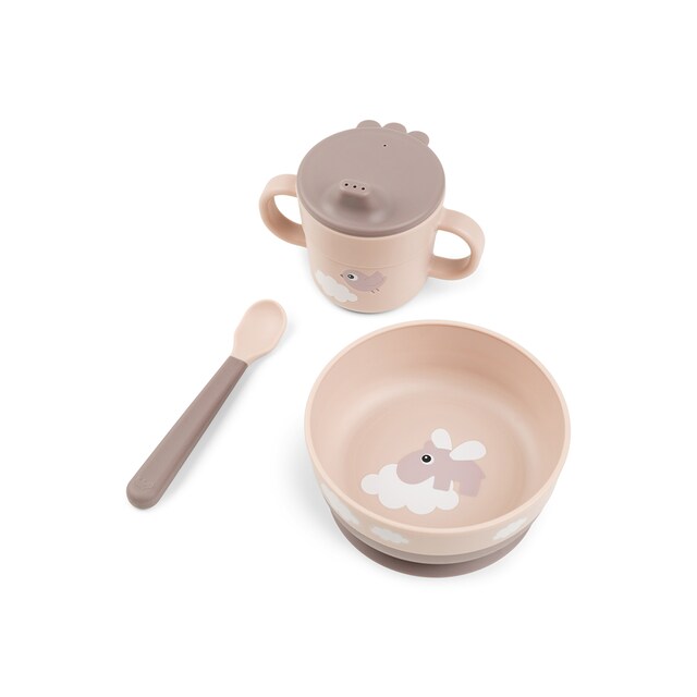 Set mi primera vajilla Done by Deer con bowl c/ventosa, taza aprendizaje y cuchara.