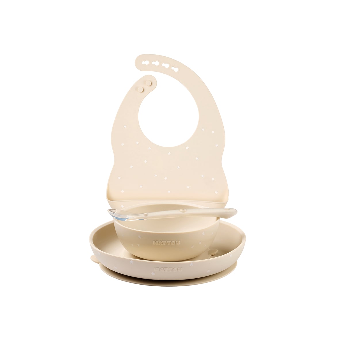 Vajilla 4 piezas Nattou silicona con babero Beige-1