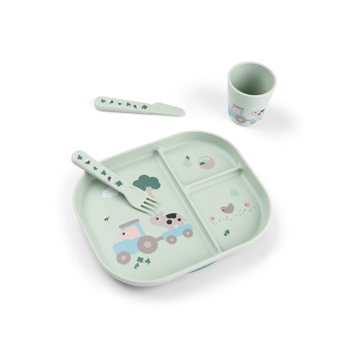 Done by Deer - Set mi primera vajilla Done by Deer con plato compartimentado, taza aprendizaje y cubiertos.