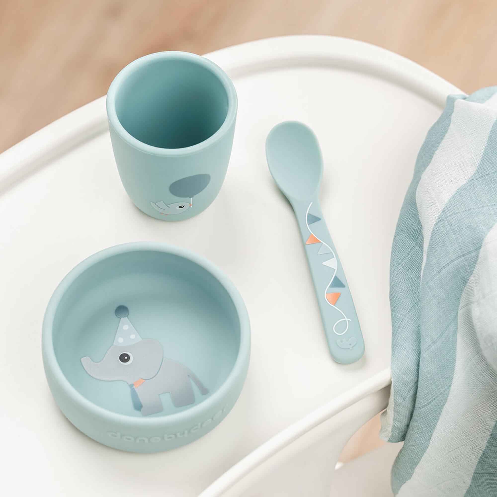 Conjunto a Minha Primeira Loiça de Silicone com Ventosa Celebration, 3 Peças Azul-claro-3