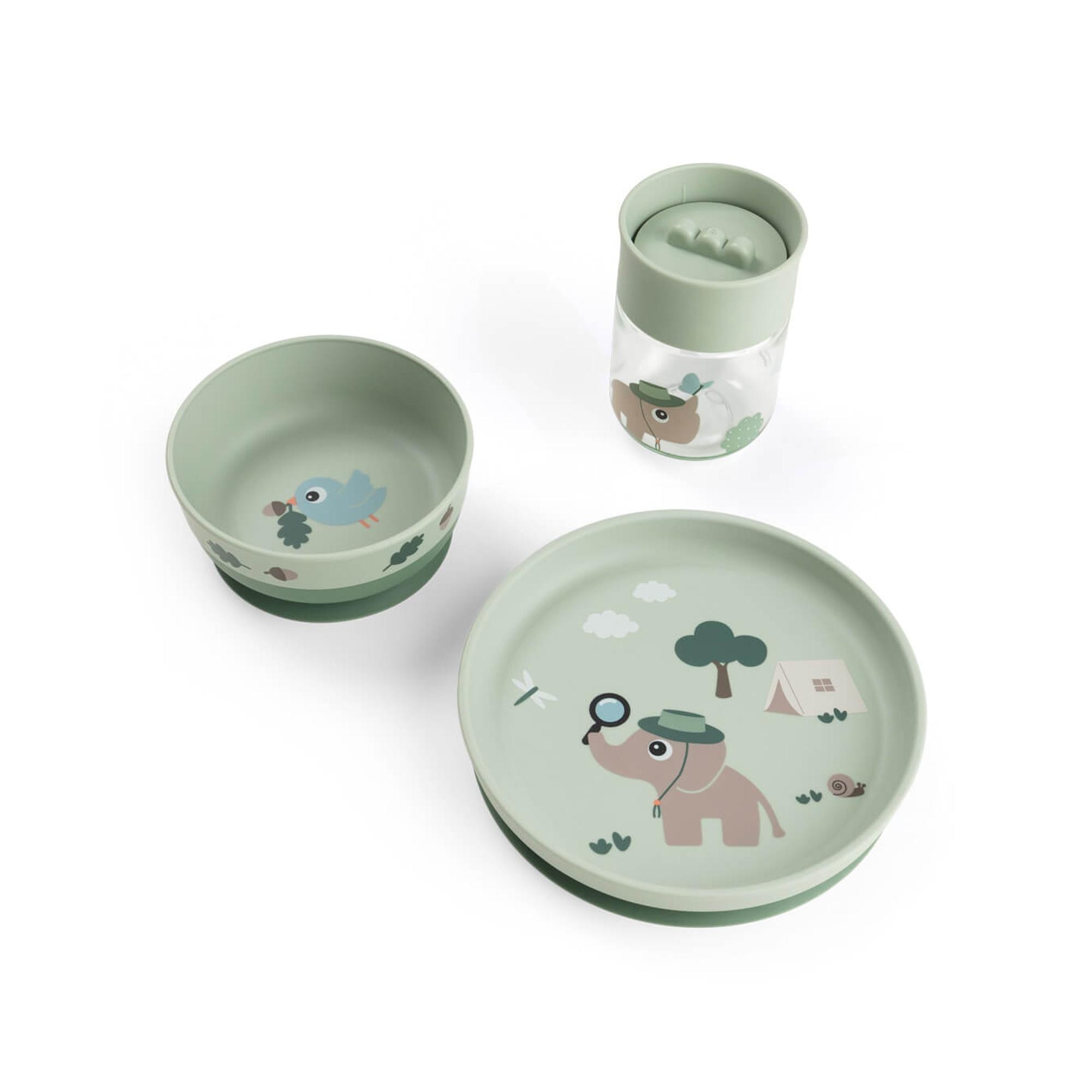 Imagen 0 de Set de vajilla Done by Deer con plato, bowl ventosa y taza transparante Tiny Trails Verde Agua