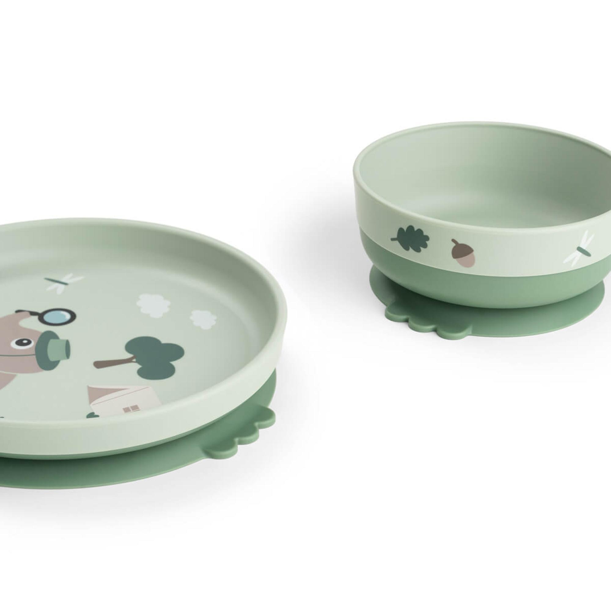 Conjunto de Loiça com Prato, Tigela de Ventosa e Copo Transparente Tiny Trails Verde Água-2