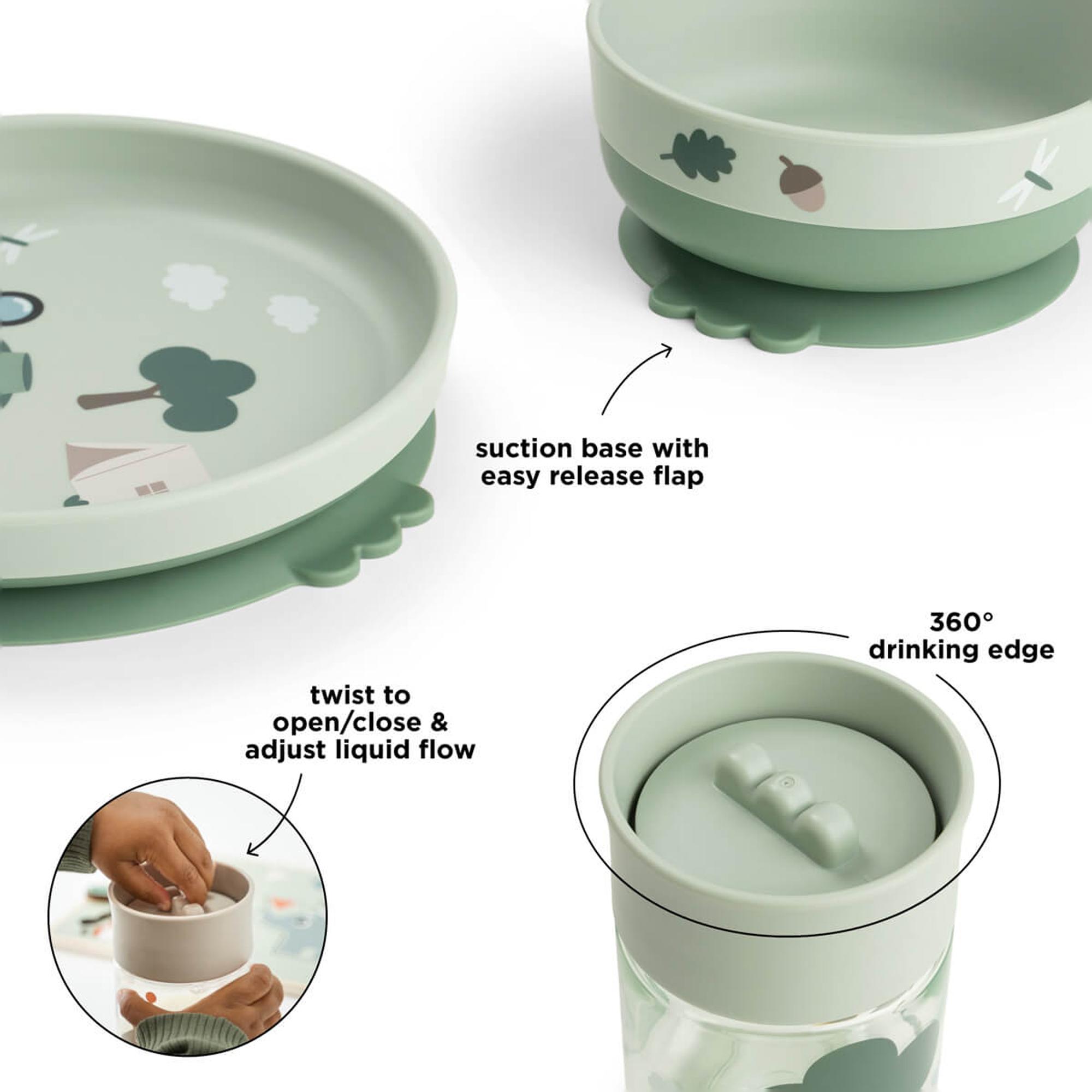 Conjunto de Loiça com Prato, Tigela de Ventosa e Copo Transparente Tiny Trails Verde Água-4