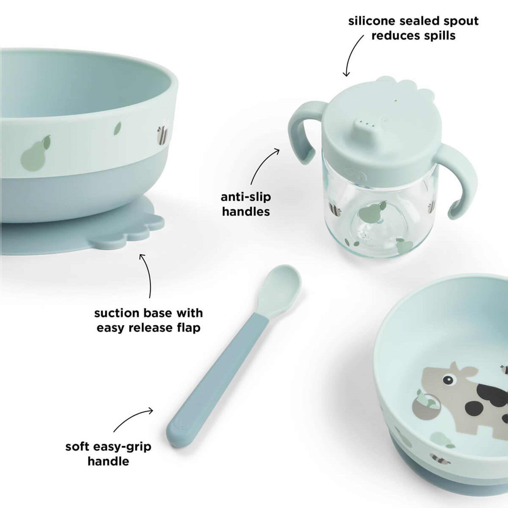Conjunto a Minha Primeira Loiça de Silicone com Ventosa Tiny Farm, 3 Peças Azul-claro-4