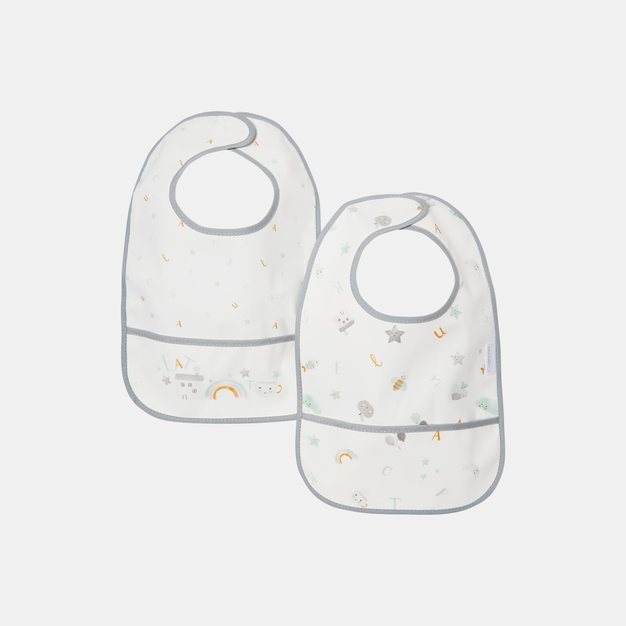 Imagem 0 de Pack de 2 babetes O Meu Primeiro A, B, C cinzentos estampados