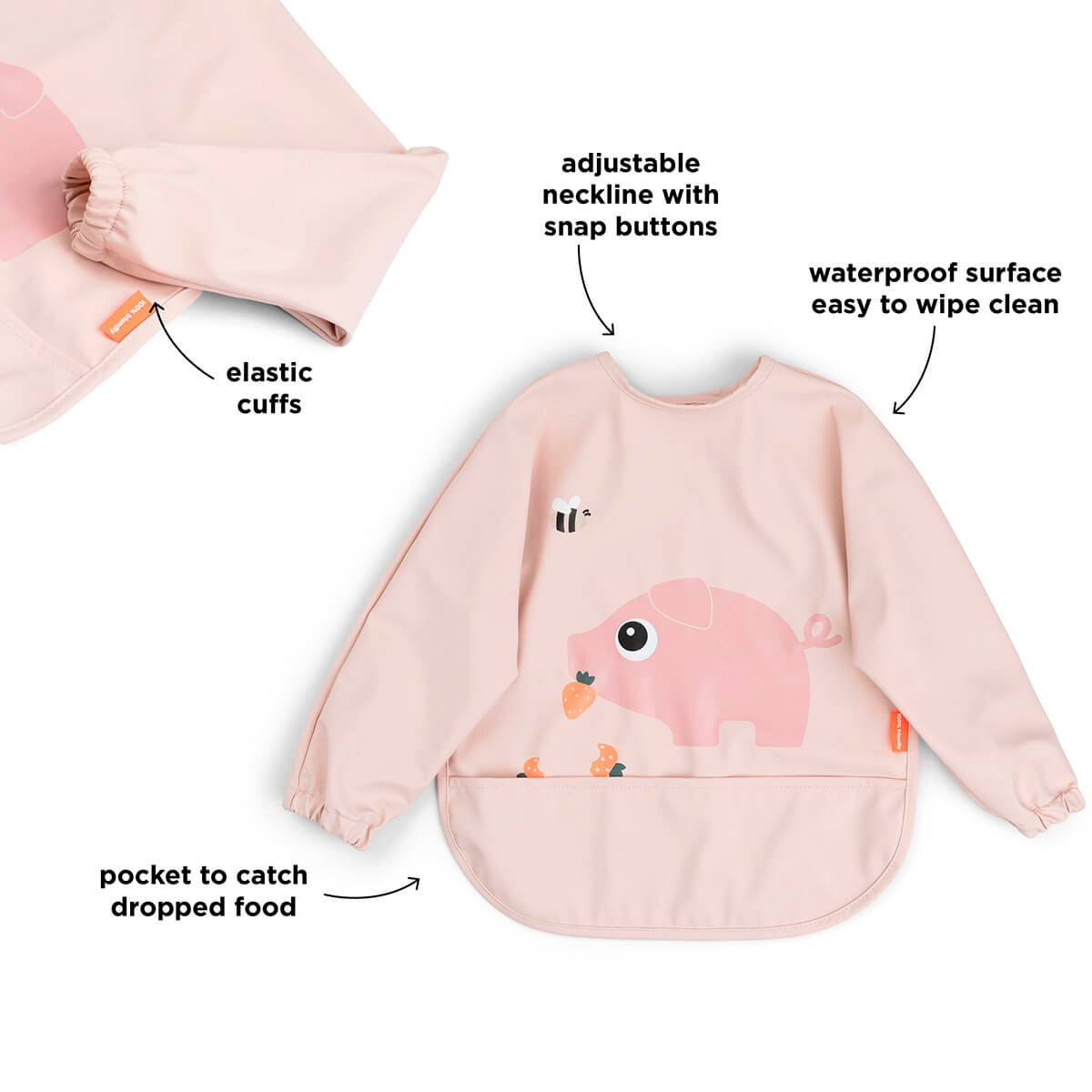 Babete Impermeável com Bolso para Migalhas e Mangas Tiny Farm Rosa-claro-3