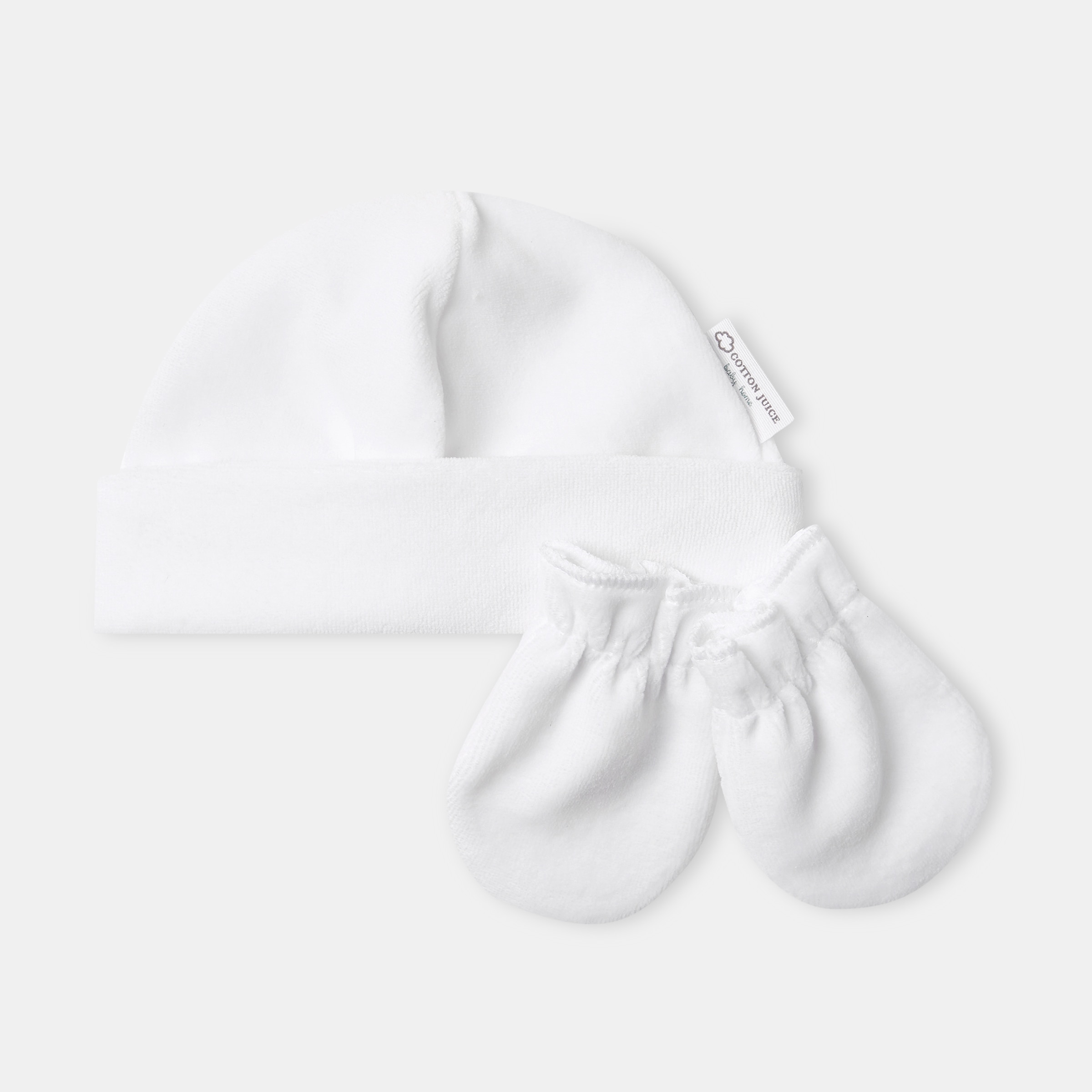 Conjunto de Gorro e Luvas de Recém-Nascido em Velour Branco-1