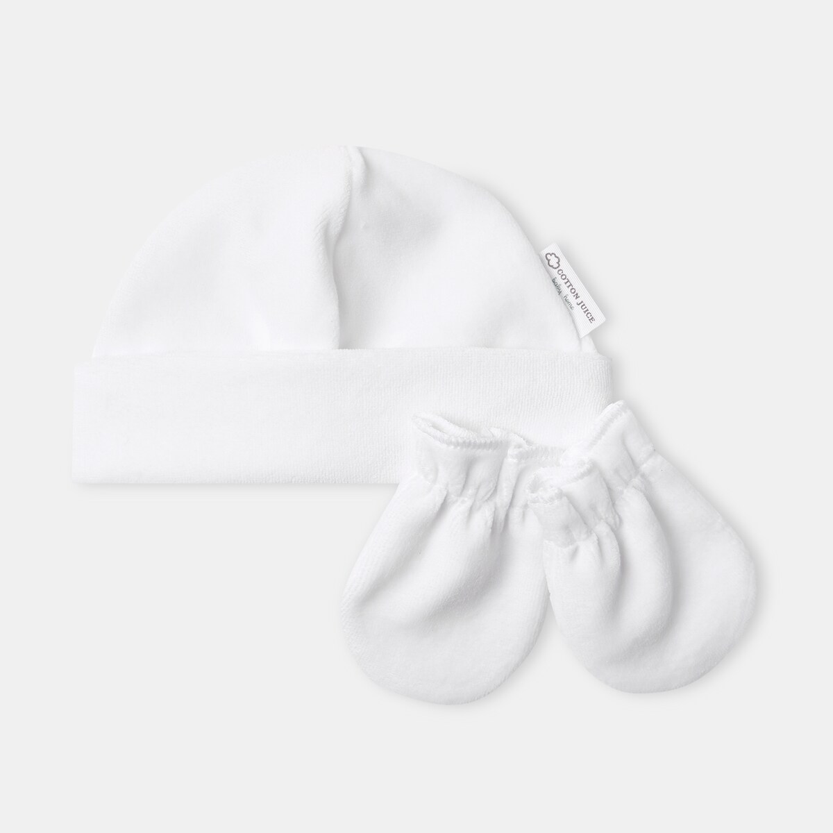Imagen 0 de Conjunto gorro y manoplas recién nacido Cotton Juice Baby Home velour Blanco