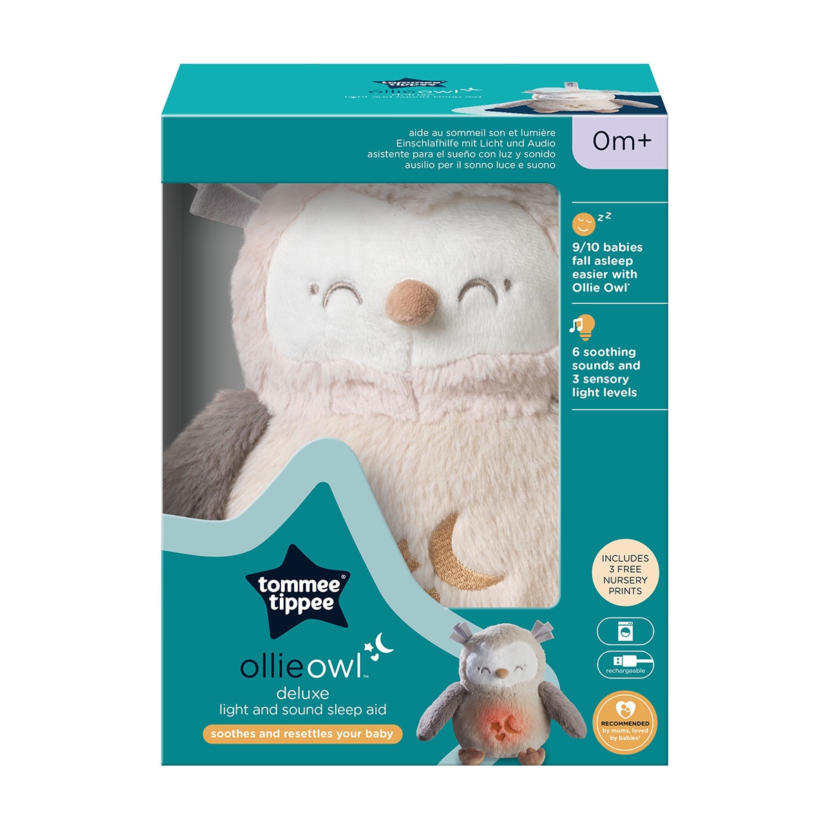 Peluche quitamiedos duermebebés deluxe con Luz nocturna, sonidos y sensor de llanto, Tommee tippee ollie el búho Beige Beige-3