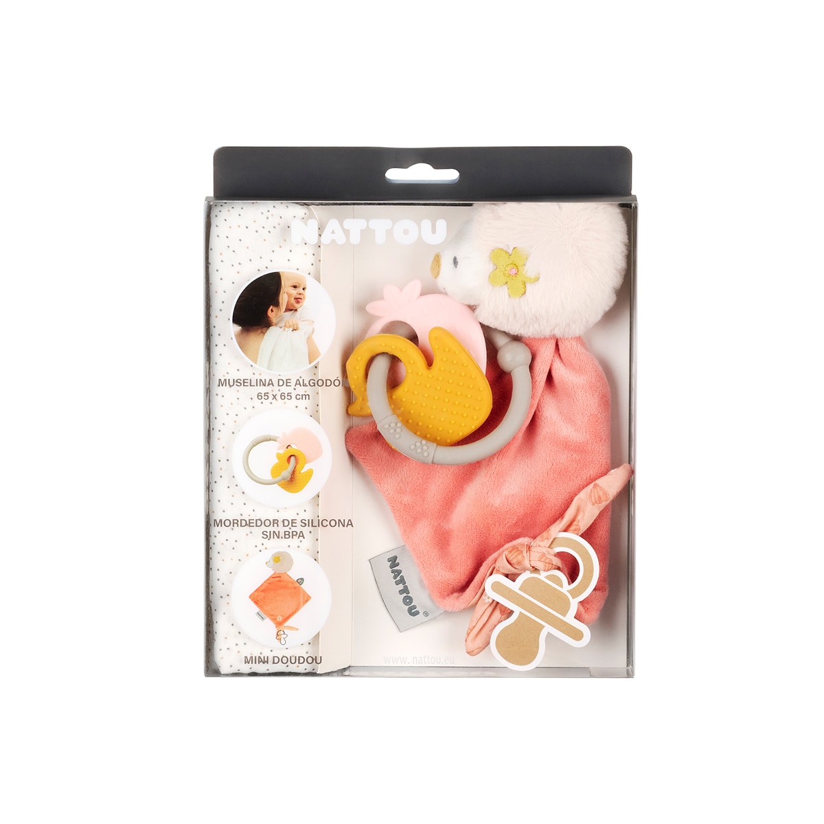 Pack regalo Nattou dou dou, muselina y mordedor colecc. Mila, Zöe&Lana Rosa Rosa-1