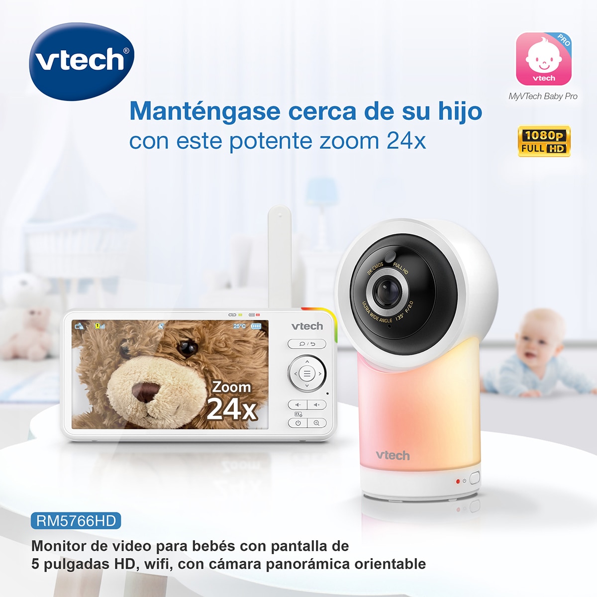 Monitor de Bebés Wifi com Ecrã Full HD de 5" e Controlo Através da Aplicação Gratuita Branco-4