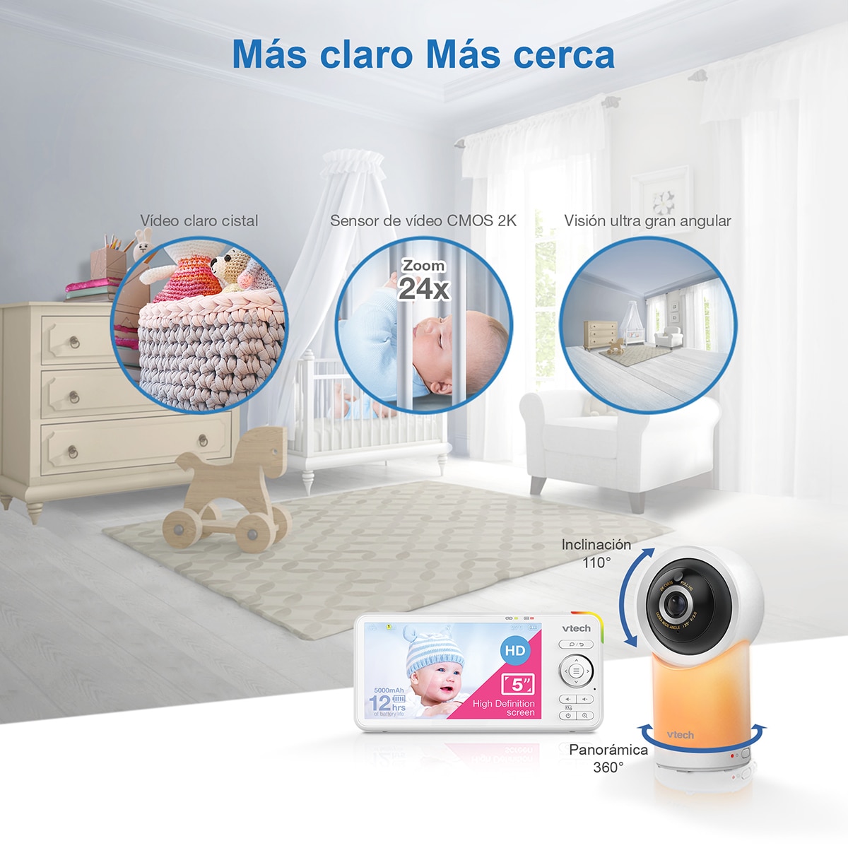 Monitor de Bebés Wifi com Ecrã Full HD de 5" e Controlo Através da Aplicação Gratuita Branco-5