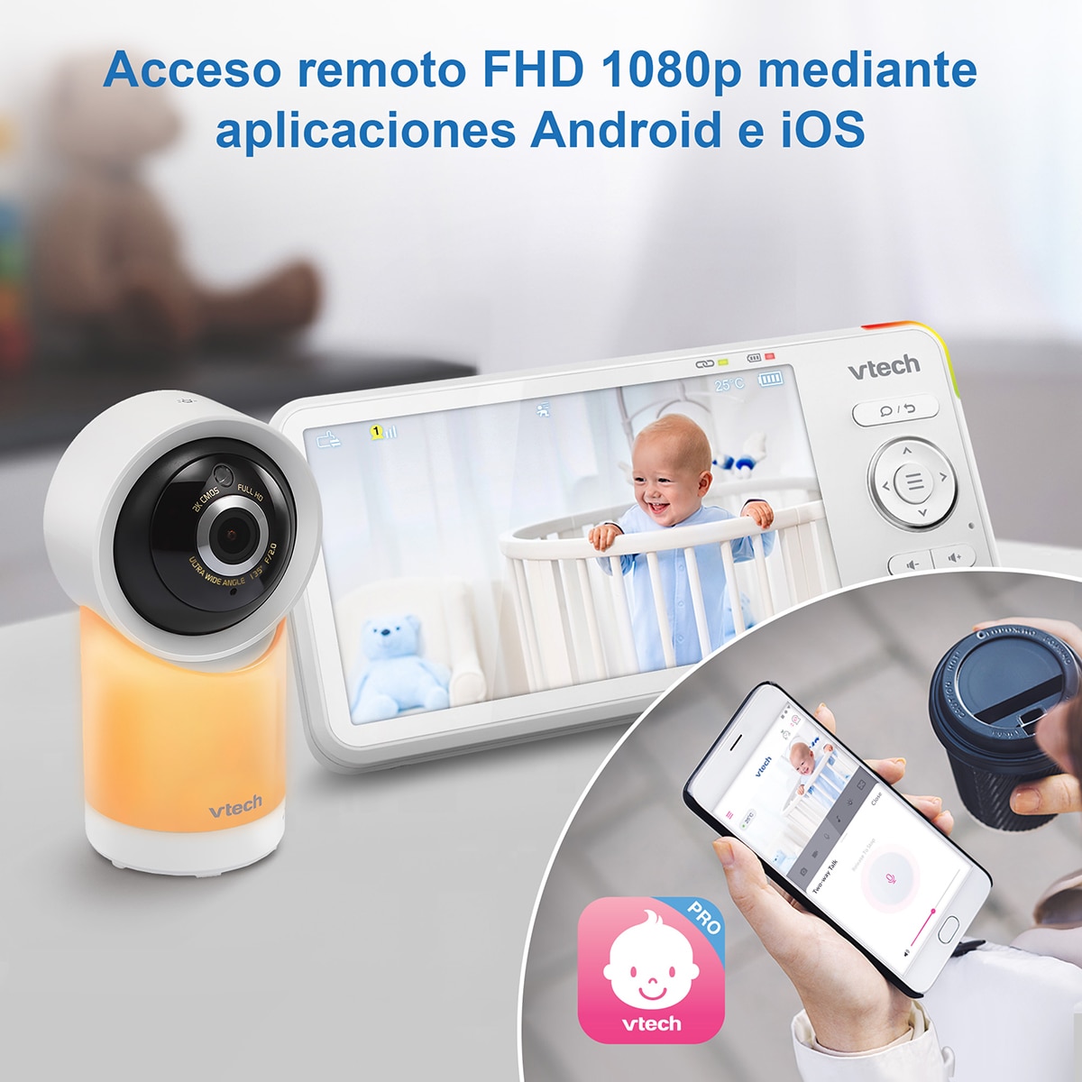 Monitor de Bebés Wifi com Ecrã Full HD de 5" e Controlo Através da Aplicação Gratuita Branco-6