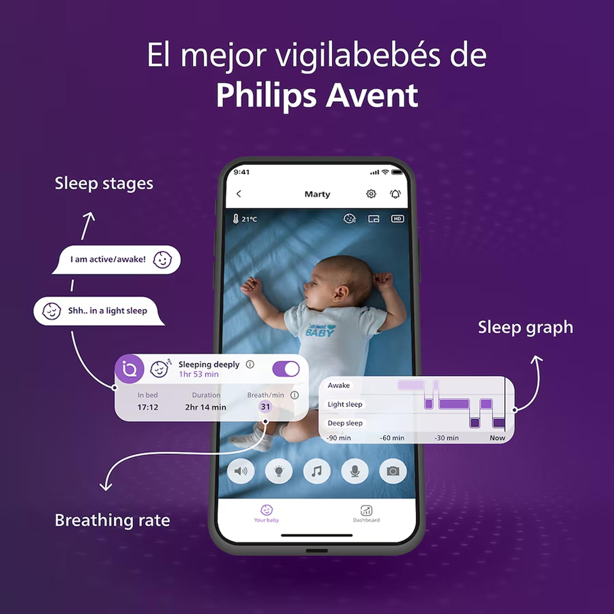 Vigilabebés conectado premium Philips Avent, seguimiento del sueño y respiración sin dispositivos, detección llanto, pantalla 5" - Nácar Nácar-7
